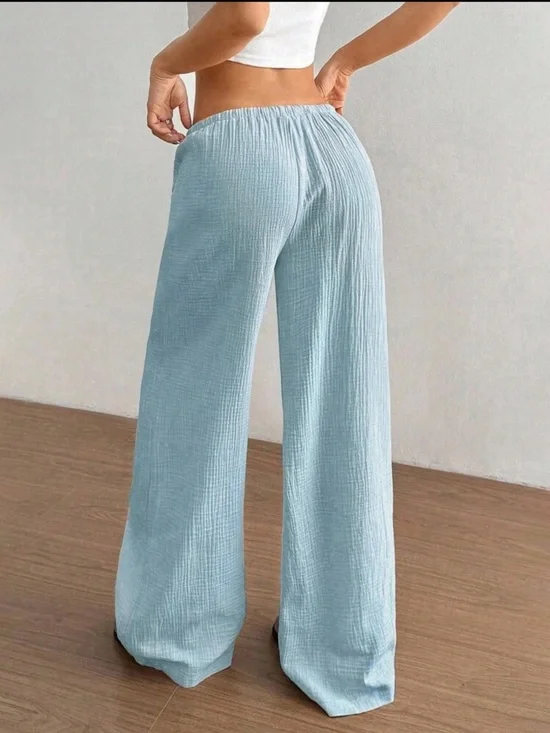 100% cotton textured drawstring pants light blue summer beach pants low rise - Picture 3 of 4